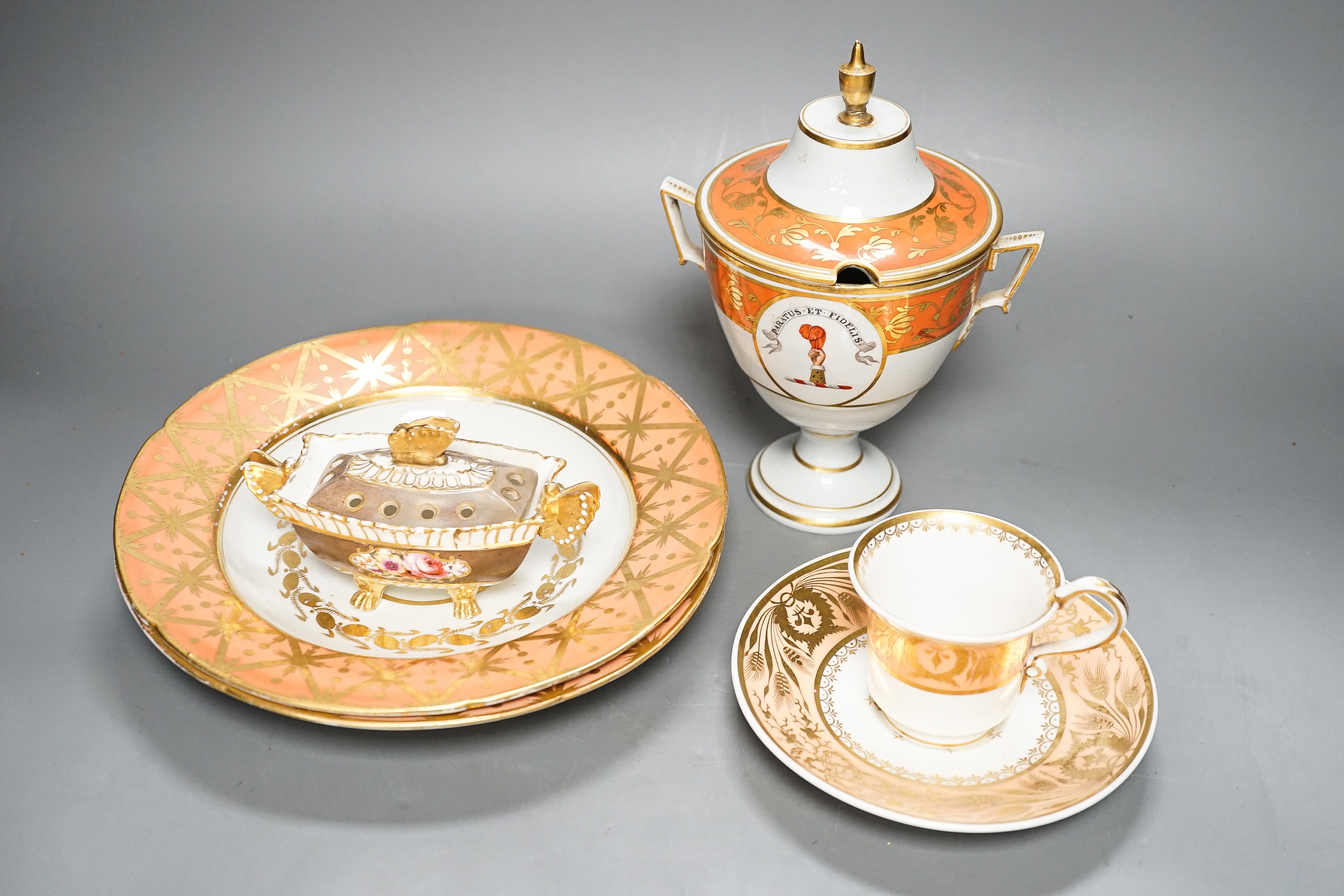 Regency porcelains - a Spode pot pourri, pair of plates, armorial cream pail and cover and a saucer and later cup, tallest 21 cm